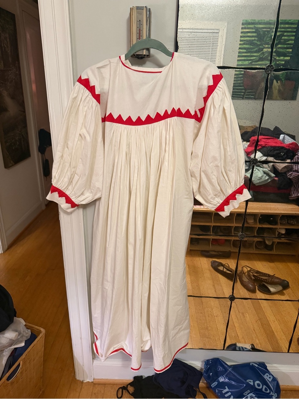 White Cotton Midi Dress with Red Zigzag Trim - Women - Picture 9 of 11